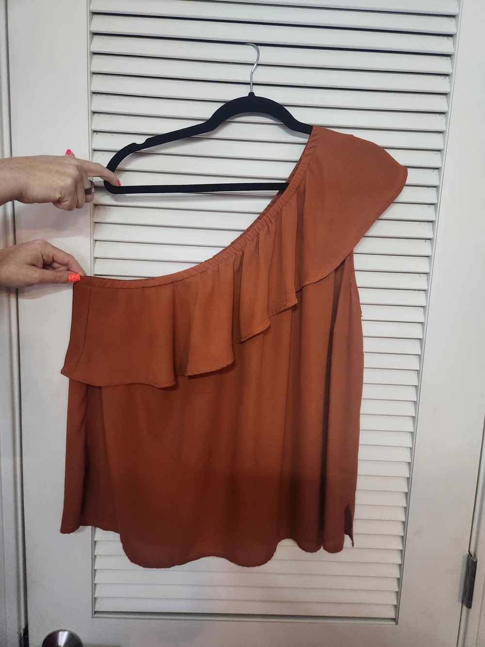 Eloquii One-Shoulder Ruffle Blouse in Rust Orange